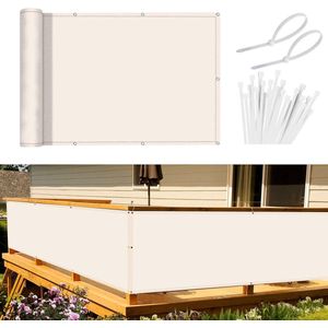 JGS ® Balkonscherm, inkijkbescherming, balkonafdekking, 90 x 600 cm, windscherm, ondoorzichtig, balkonbekleding, PES 170 g/m², wind- en uv-bescherming, met inslagringen en kabelbinders, crèmewit