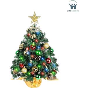 LifeStages - Kant en Klare Kerstboom - Mini-kerstboom - Mini-kerstboom voor Tafel - Miniatuur Kerstboom met LED-lichtsnoer - Kunstkerstboom - Kleine Kerstboom - Kerstdecoratie - 60 cm