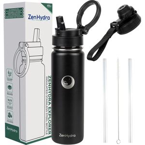 ZenHydra® Waterfles - Drinkfles 650ml - RVS Drinkfles - Waterfles Met Rietje - Waterflessen Volwassenen - 24 Uur Koud - 12 Uur warm - Zwart