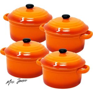 Mrs. Jones 4 x kleine ovenschalen met deksel van keramiek 200 ml - ronde vormpjes 10 x 5 cm - oranje set van 4 .