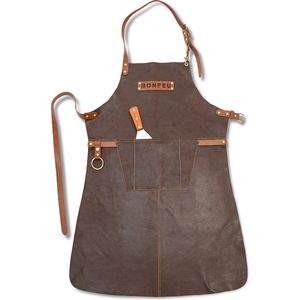 BonFeu Leren Schort Luxe - Lederen Schort - BRUIN - Kokschort - Kookschort - BBQ Schort - Vaderdag - Stoer Cadeau voor Man Vader Opa Papa - One size - L 87 x B 65 cm