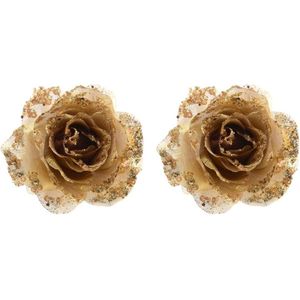 4x stuks gouden glitter rozen met clip 14 cm - Kerst/decoratie kunstbloemen