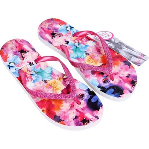 Roze teenslippers met bloemen en glitter 36-37 EU