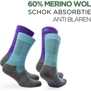 Norfolk - 2 Paar - 60% Merino Wol Sokken - Anti Blaren Wandelsokken met Schok Absorptie - Wollen Sokken - Warme sokken - Paars/Blauw - Maat 39-42 - Leonardo