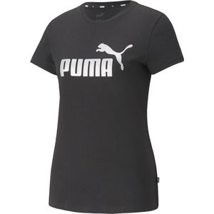 PUMA ESS+ Metallic Logo Tee Dames T-shirt - Zwart/Zilver - Maat M