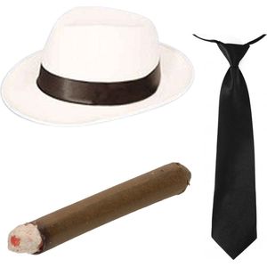 Smiffys - Gangster/maffia verkleed hoed wit - stropdas en vette sigaar