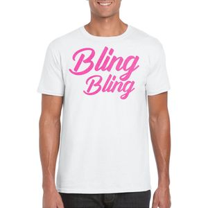 Bellatio Decorations Verkleed T-shirt voor heren - bling - wit - roze glitter - carnaval/themafeest XXL
