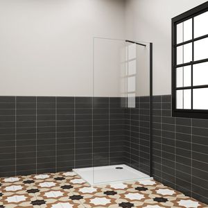 Inloopdouche 90x185 cm, 6 mm helder EasyClean veiligheidsglas, mat zwart aluminium frame, stabilisatorstang 50 cm