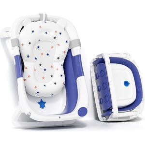 Babybadje, Essentials babybadje, voor pasgeborenen tot peuters, draagbaar, multifunctioneel, voor op reis, met antislipmat, afvoergat (blauw + badmat)