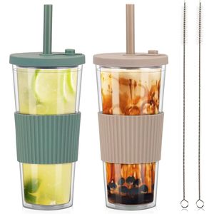 2 stks Bubble Tea Cup Drinkbekers met deksel en rietje, Boba Cup Smoothie Cup, 730 ML dubbelwandige geïsoleerde plastic beker, herbruikbare lekvrije beker voor koffiesap
