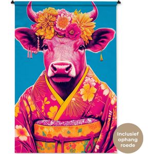 Wandkleed 120x180 cm - Wanddoek Koe - Bloemenkrans - Oorhangers - Kimono - Wandtapijt - Wandkleden
