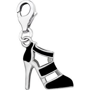 Quiges – 925 - Zilver – Charm - Bedel - Hanger - 3D Schoen Sandaal met Hak Zwart - met – sterling - zilver - karabijnslot - geschikt - voor -Bedelarmband HC180