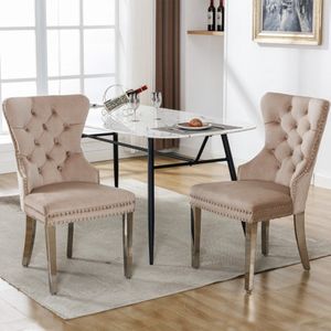 2 stuks hoge rug 4-poots stoel-beige fluwelen eetkamerstoel-met-knoopsteek-massief houten frame-beige-(Set van 2) Style 2
