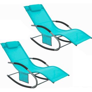 Rootz Set van 2 tuinligstoelen - ligstoel - schommelstoel - ademende synthetische vezels - verwijderbaar kussen - geïntegreerde zijzakken - gecoate EVA-armleuningen - 150 kg draagvermogen - afmetingen zoals afgebeeld - turkoois