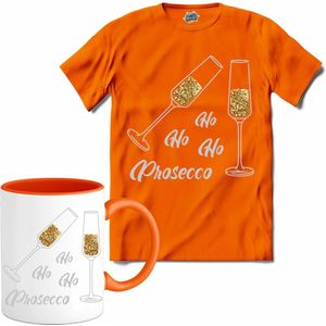 Ho ho ho prosecco! - T-Shirt met mok - Meisjes - Oranje - Maat 12 jaar