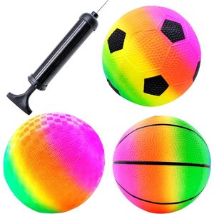 Regenboogballen, opblaasbare strandballen, pvc, kickbal, flapbal met pomp, 3 zachte ballen, voetbal, basketbal, regenboog, sportballen voor binnen en buiten