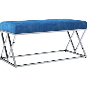 Bankje - blauw - zeeblauw - zilver onderstel - velvet - fluwelen stof - roestvrijstalen standaard - modern - elegant - duurzaam - compact - halbankje - standaard met gekruist ontwerp - 97 x 44 x 46 (L x B x H) - zitvermogen 110 kg