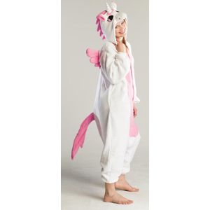 KIMU Onesie Wit Roze Pegasus Pak - Maat 146-152 - Eenhoornpak Kostuum Eenhoorn Unicorn - Kinder Dierenpak Huispak Jumpsuit Pyjama Meisje Festival