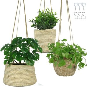 3 x hangende bloempot, hangende mandenset, natuurlijk als hangmand, hangende mand voor binnen, boho-decoratie of opbergmand, 17-20 cm