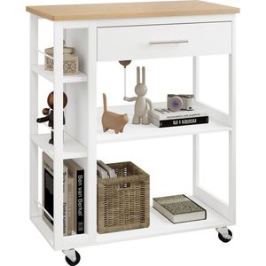 Asaam-Keuken Trolley met Wielen- Keuken trolley met lade - Houten werkblad - Wit - Incl. Rem voor de wieltjes - 73x38x88 Cm - Open planken - Woonkamer-Mobiele Kruidenierswinkel Kast- Opbergrek