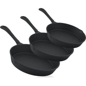 3-delige gietijzeren braad- en steakpannenset - grillpan - Ø 16 cm Ø 20 cm Ø 24 cm - vleespan - pannenset met braadpan en steakpan