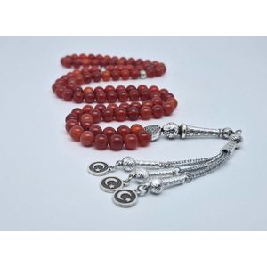 Handgemaakte tesbih natuursteen ""Rood Agaat"" - Aantal kralen 99 - Diameter kralen 8MM - met metaal tassel ""Vlag van Turkije"" - Een mooi cadeau-idee
