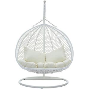 Vente-unique Hangfauteuil voor 2 personen van gevlochten hars - Wit met beige kussen - VAHINA van MYLIA L 130 cm x H 195 cm x D 106 cm