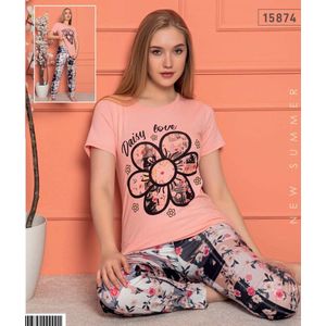 Pyjama- Huispak 2-delig- Pyjama dames volwassenen- Vrijetijdskleding- Fashion Home&Sleep Wear15874- Roze met bloemenprint- Maat S