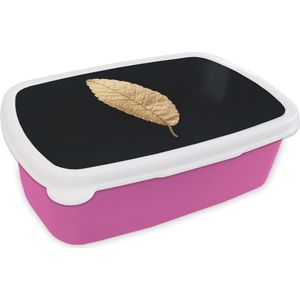 Broodtrommel Roze - Lunchbox - Brooddoos - Black en gold - Bladeren - Zwart - Planten - Luxe - 18x12x6 cm - Kinderen - Meisje