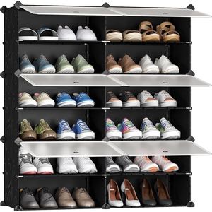 Draagbare schoenenrek organizer toren, zwart met transparante deuren, stofdichte schoenenkast, modulaire kastplanken voor ruimtebesparend schoenenrek rekken voor schoenen (2 x 6)