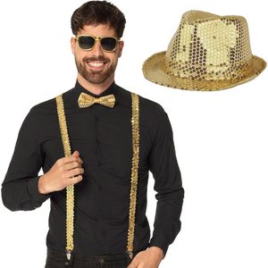 Toppers - Carnaval verkleedset Supercool - hoedje/bretels/bril/strikje - goud - heren/dames - glimmend - verkleedkleding accessoires