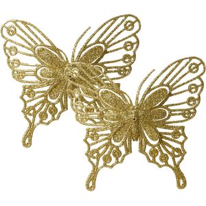 Decoris decoratie vlinders op clip - 2x - goud - 13 cm