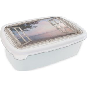 Broodtrommel Wit - Lunchbox - Brooddoos - Doorkijk - Strand - Palmboom - 18x12x6 cm - Volwassenen