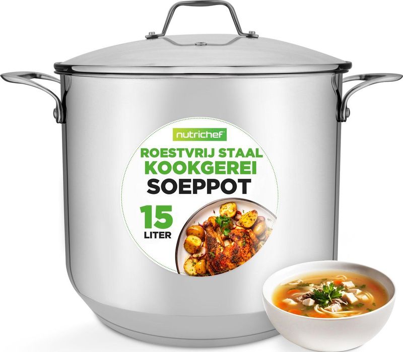 NutriChef Kookpot - Roestvrij Staal Inductie Kookpan- Grote Stoofpot- Sudderpot- Soeppot met Doorzichtig Deksel- Vaatwasmachinebestendig - 15 Liter Pot