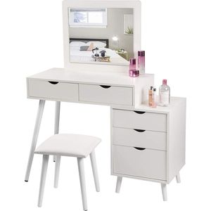 Rootz cosmetische kaptafelset met kruk - kaptafel - make-upstation - voldoende opbergruimte, veelzijdig ontwerp, ingebouwde grote spiegel - MDF en glas - 80 cm x 40 cm x 125 cm