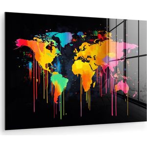 MuchoWow® Glasschilderij 180x120 cm - Schilderij acrylglas - Wereldkaart - Verf - Kleurrijk - Graffiti - Wereld - Foto op glas - Muurdecoratie woonkamer - Wanddecoratie slaapkamer - Schilderijen