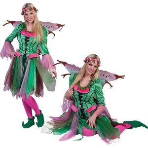 Funny Fashion - Elfen Feeen & Fantasy Kostuum - Rosy De Elf - Vrouw - Groen, Roze - Maat 44-46 - Carnavalskleding - Verkleedkleding