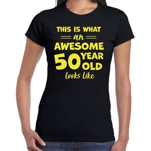 Bellatio Decorations Verkleed T-shirt dames - leeftijd 50 jaar - awesome - zwart - glitter geel - Sarah L