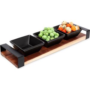 Snackkommen Keramiek Zwart op Dienblad 32 cm 4 delig - Snackkom - Dipschalen - Set - Kleine Komen voor Dipsauzen en Snacks