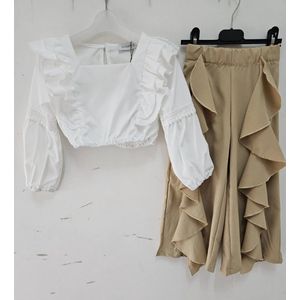 2 delige set witte top blouse met bruine camel broek met aan de voorkant ruches voorjaar zomer meiden meisjes maat 8/8Y