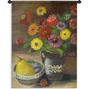 Wandkleed Stillevens Abstract - Stilleven van kleurrijke bloemen en een peer Wandkleed katoen 120x160 cm - Wandtapijt met foto XXL / Groot formaat!
