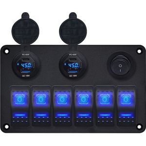 ProRide Schakelpaneel 12V voor Auto/Boot - USB/USB C Lader 4 Poorten met Wattagemeter - 45W - QC3.0 - 6 Schakelaars