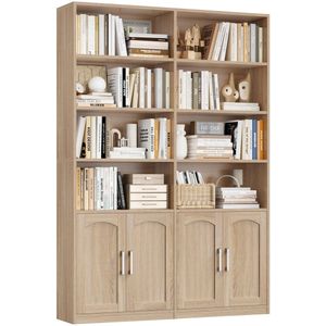 SureDeal® - Boekenkast 12 Vakken met 4 Deuren – Houtlook – Eiken – Staand Opbergrek 115×27×185,5 cm (B×D×H) – Voor Woonkamer/Kantoor/Keuken – Modern Design