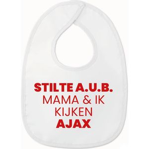 Slabbetje met tekst - Stilte AUB mama en ik kijken Ajax - Wit/rood | 100% katoen - Incl. hoogwaardige Klittenband sluiting - Kraamcadeau - Babyshower - Slabber