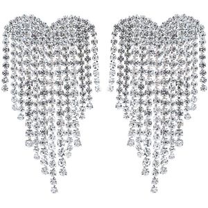 Heart Strass Oorhangers - Zilverkleurig | 5,5 x 3 cm | Bijoux / Messing | Fashion Favorite