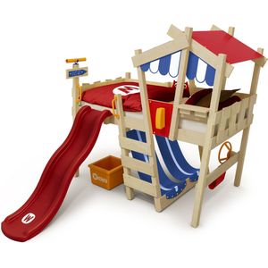WICKEY Kinderbed, hoogslaper Crazy Hutty met rode glijbaan Houten bed 90 x 200 cm