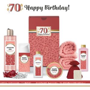 Geschenkset “70 Jaar Happy Birthday!” - 9 producten - 685 gram | Giftset voor haar - Luxe wellness cadeaubox - Cadeau vrouw - Gefeliciteerd - Set Verjaardag - Geschenk jarige - Cadeaupakket moeder - Vriendin - Zus - Verjaardagscadeau - Rood