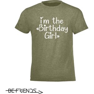 Be Friends T-Shirt - Birthday girl - Kinderen - Kaki - Maat 8 jaar