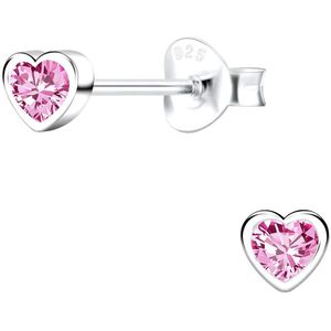 Joy|S - Zilveren petit hartje oorbellen - 4 mm - roze zirkonia - oorknopjes voor kinderen