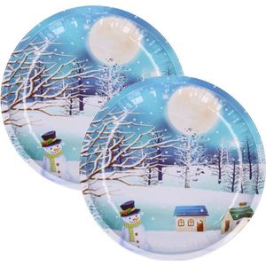 Kerst borden - 2x st - 26 cm - metaal - blauw met sneeuwpop - kerstservies kerst bordjes